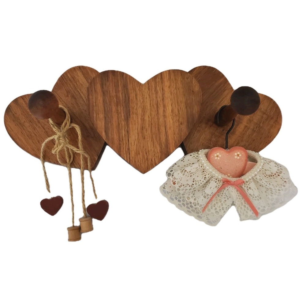 Rustic Wooden Triple Heart Mug Key Rack w Extras.‎ Cottagecore Country
